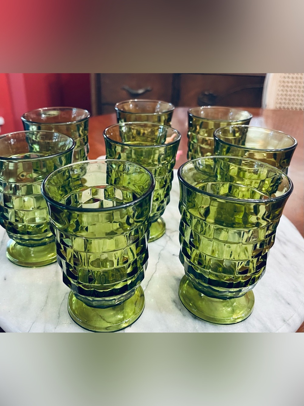 8-pc VTG Indiana Glass Whitehall Avocado Green Footed Juice Glasses- MCM Cubist